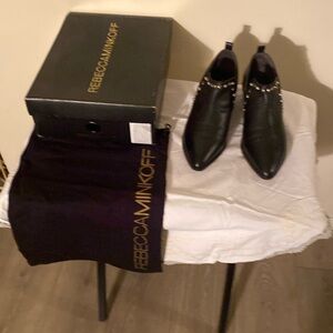 Rebecca Minkoff black leather ankle boots gold studs across the front. New Nev